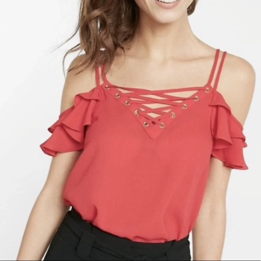 EXPRESS LACE UP RUFFLE CAMI Ivory M - Picture 3 of 10